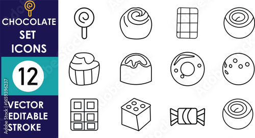 Set of 12 outlined chocolate icons including candies, pralines, truffles, bars, bonbons, cubes, and sweets. Editable stroke vector design for confectionery, desserts, packaging, branding