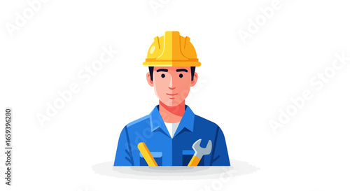Skilled technician in protective gear, cartoon character ready to tackle any maintenance or repair task with his trusty tools, embodying competence
