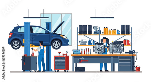 Illustration showcasing a car repair shop with mechanics, tools, and a vehicle being serviced on a lift inside workshop