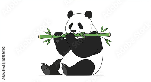 Illustration of a panda enjoying bamboo snack on a clean white background suitable for educational materials and illustrations offering a clear