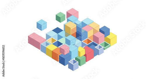 Isometric arrangement of colorful 3D cubes creates an intriguing and playful visual dynamic against a clean background with abstract shapes