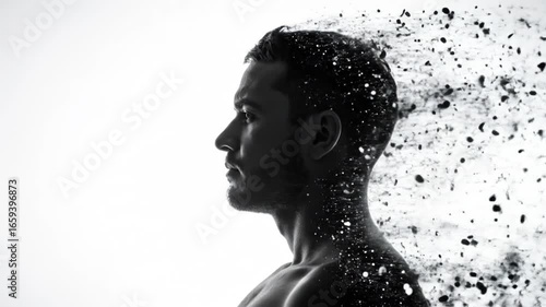 Man's silhouette fading into particles on white