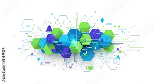 Geometric Abstraction: Interconnected Hexagons and Circuitry Representing Innovation and Modern Technology Visual Concept