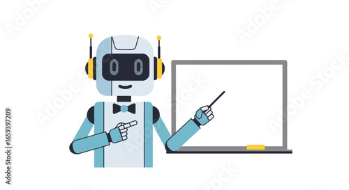 Friendly Robot Giving Presentation on Whiteboard, Demonstrating Modern Technology and Artificial Intelligence in a Futuristic Classroom Concept
