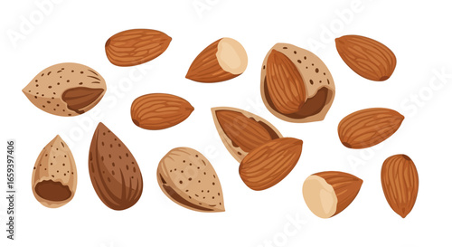 Delicate Almond Array: Artistic Rendition of Almonds in Various Forms and Structures. Displayed in a Scattered Fashion with Subtle Depth of Field