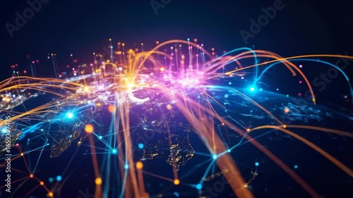 Wallpaper Mural Global network with colorful light streams on an Earth-like sphere Torontodigital.ca