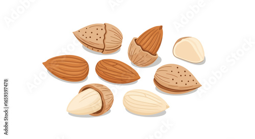 Almond array: A nutty collection featuring shelled, unshelled, whole, and halved almonds elegantly displayed on a clean white backdrop