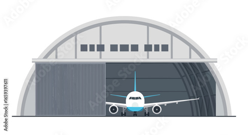 Illustrative depiction of an airplane inside a hangar showcasing aviation infrastructure with modern design elements suitable for design projects