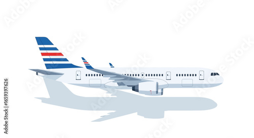 Sleek Commercial Airplane Illustration Displaying Airline Design Elements and Distinctive Shadow on White Background