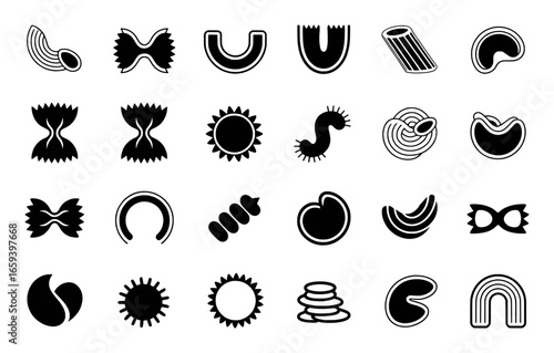 Twenty-four black and white icons of various pasta shapes and food elements on a white background