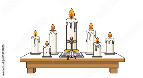Illustration of lit candles, a book, and a golden cross on a wooden altar depicting faith and spirituality, invoking a sense of peace and reflection