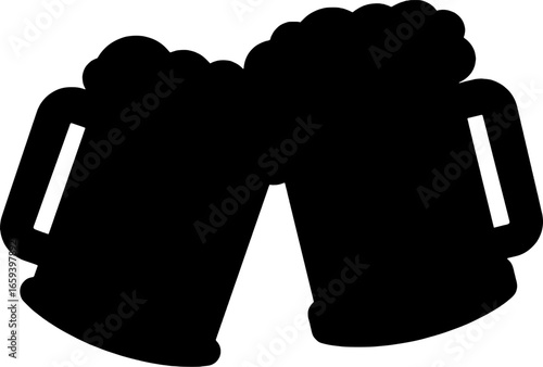 Black silhouette illustration of two frothy beer mugs making a toast, isolated icon for celebration and pubs.