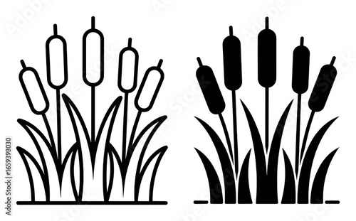 Two black silhouette icons of cattails with leaves on a white background Keywords: cattails, reeds, bulrushes, plants, nature, icons, vector