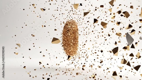 Exploding golden object into fragmented shards on a white surface creates dynamic motion