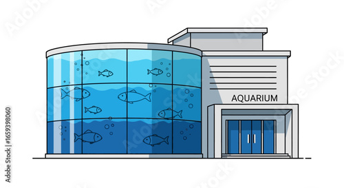 Illustration of a modern aquarium building with diverse fish species swimming in blue water exhibits providing a captivating underwater view