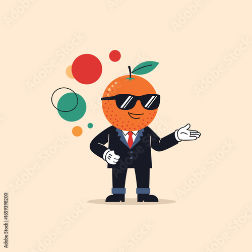A stylish animated orange character wearing sunglasses and a suit presents a concept with colorful bubbles