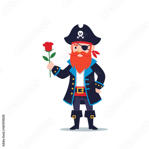 A kindhearted pirate holding a single red rose with a grateful expression