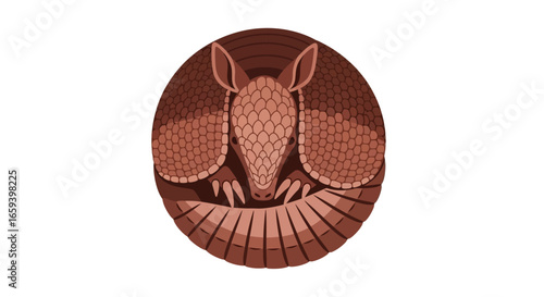 Stylized Armadillo Illustration: An animal emblem depicting a creature in a defensive pose with geometric and textured circular design elements