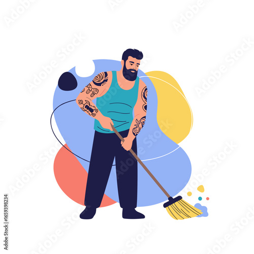 A tattoed man with a beard is sweeping the floor with a broom and mop creating a clean and tidy environment for housekeeping tasks
