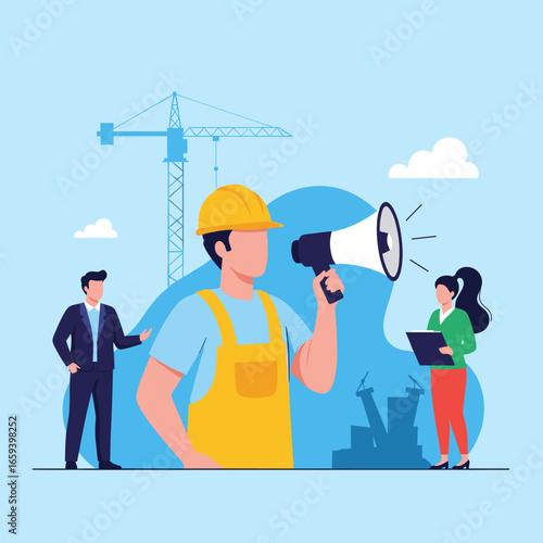 Construction worker communicates important information using a megaphone at a building site