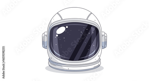 Stylized astronaut helmet reflecting the cosmos, illustration of exploration and wonder, inviting cosmic adventures and technological inspiration