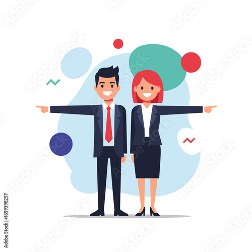 Business professionals pointing in different directions indicating separate goals or strategies