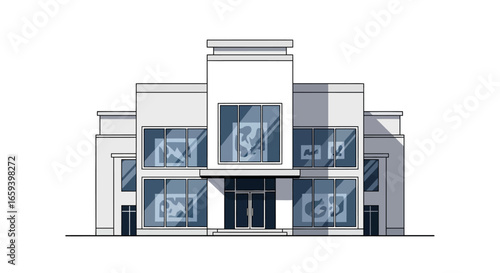 Modern architectural design of a commercial building with large windows and clean lines, rendered in a minimalist cartoon style