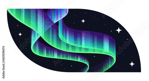 Stylized depiction of aurora borealis with layered effect in vibrant hues against celestial black expanse creating dreamlike ethereal northern