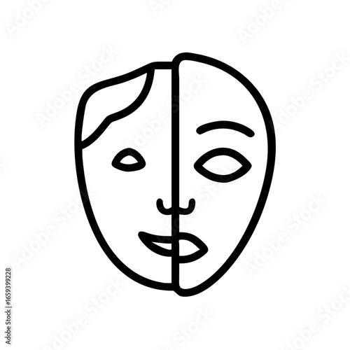 Abstract line art of a dual-faced mask symbolizing identity  