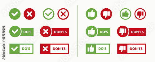 Set of do and don't icon isolated on white background. Thumb up and thumb down button collection. Choice concept design template. Tick and cross, like or dislike symbols. Vector illustration
