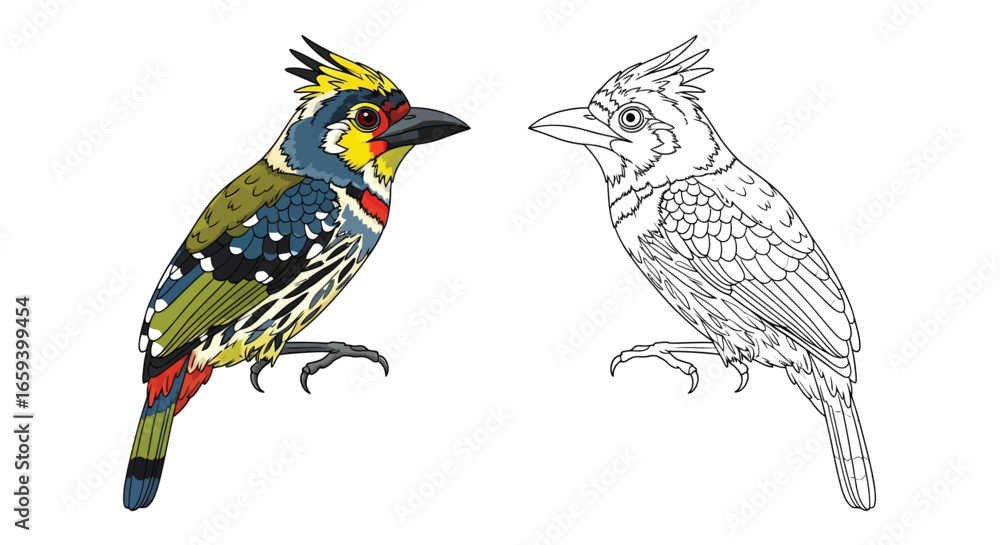 Obraz premium Crested Barbet Dual Style Coloring Page with a Detailed Outline and Full Color Reference