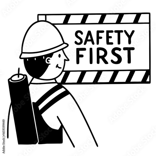 Construction worker looking at safety first sign with helmet  