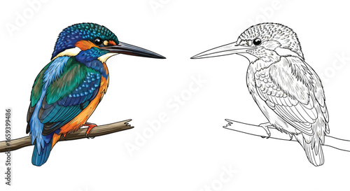 Malachite Kingfisher Coloring Page Half Colored Half Outline for Creative Art Therapy