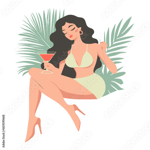Pin up girl in martini glass illustration vacation woman vector