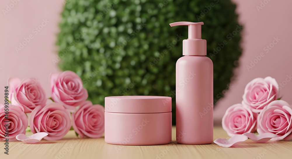 Elegant pink cosmetic product bottles with roses and green plant on a wooden table, perfect for beauty and skin care ads Elegant pink cosmetic product bottles with roses and green plant on a wooden table, perfect for beauty and skin care ads