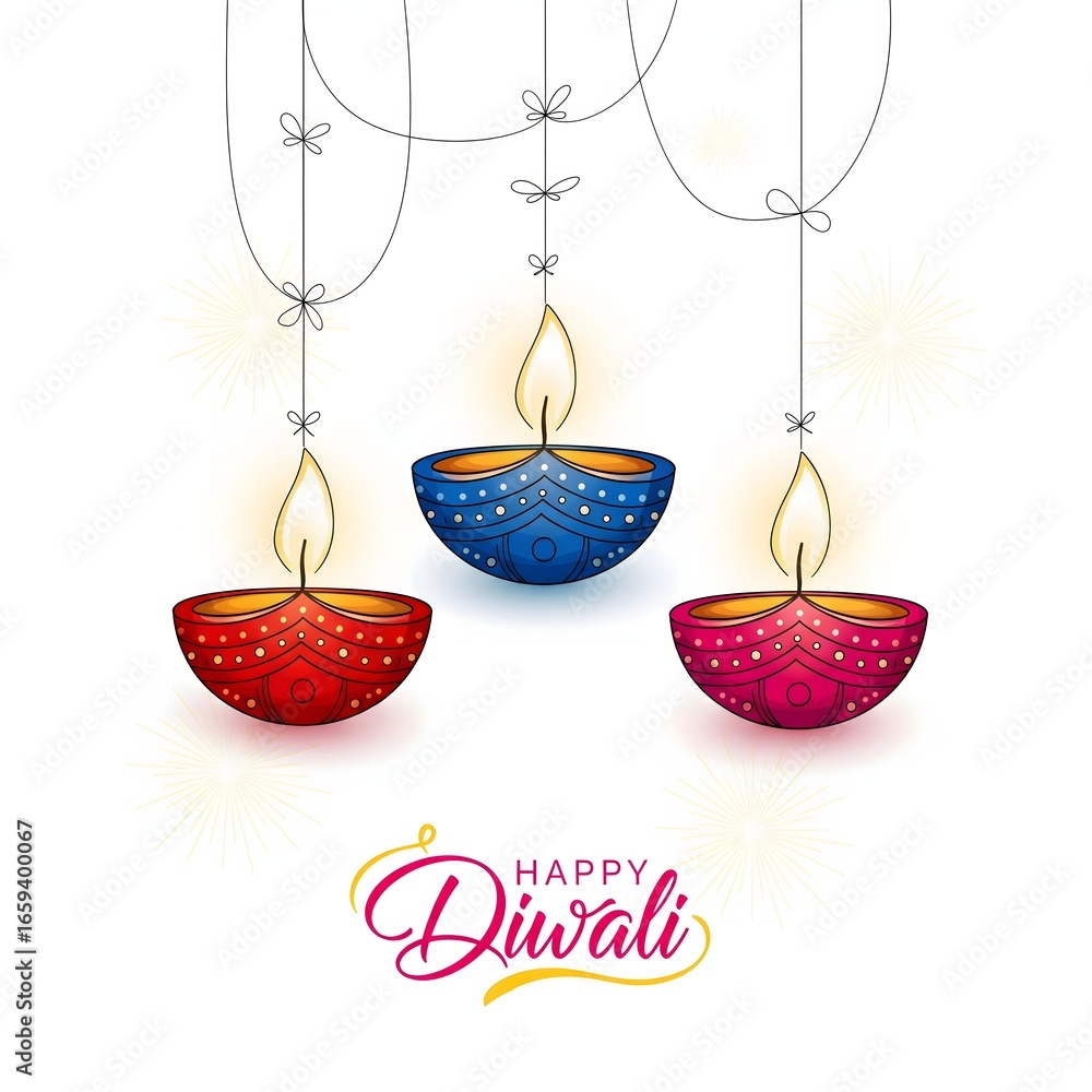 Naklejka premium Three colorful decorative diyas illuminated with golden flames on a white background with happy diwali text