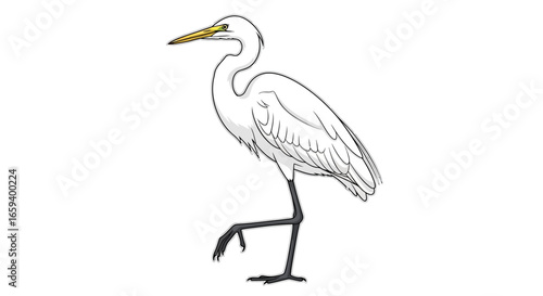 Elegant avian illustration: A serene white egret poised gracefully on a single leg against a plain white background, perfect for nature-themed
