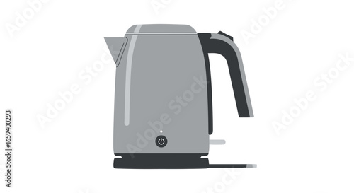 Sleek electric kettle illustration in calming grayscale tones featuring a streamlined handle and base design on pure white backdrop