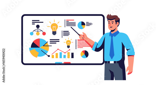 Strategic business presentation with charts and graphics on screen portraying financial data and innovation for future success planning