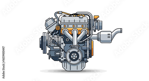 Illustration of an internal combustion engine, depicting mechanical components in engineering design, detailed illustration showcasing the power and