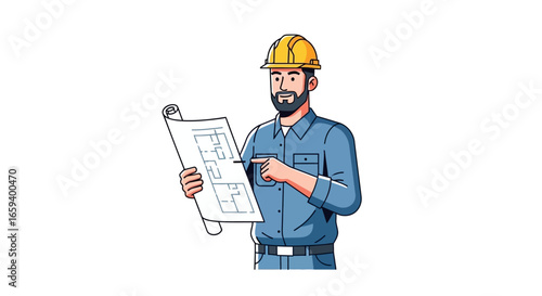 Illustration showcasing construction worker reviewing blueprint with protective gear and confident pose emphasizing design project analysis and