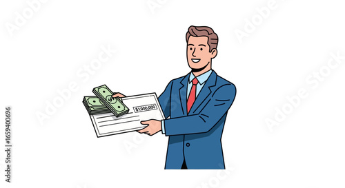 Delighted Businessman Showcasing a Winning Lottery Ticket and a Stash of Cash with Joyful Expression