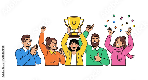 Team Celebrates Victory by Lifting the Trophy together, with their coworkers cheerful and raising their hands in the air with the confetti falling