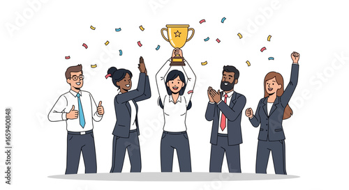 Triumphant Teamwork: Celebrating Success with a Golden Trophy and Joyful Enthusiasm displayed by happy professionals in business attire with