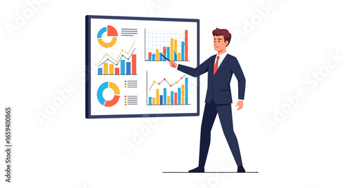 Professional presentation showcasing dynamic statistical data with businessman character delivering insights for decision making effectiveness