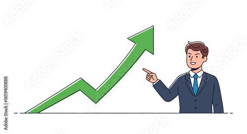 Animated Business Growth: Illustrated Businessman Pointing to an Upward Trend Arrow Depiction of Financial Success, Performance Improvement and