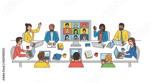 Virtual Collaboration: Team Meeting Illustration Depicting Remote Work and Digital Interaction with Diverse Participants in a Video Conference