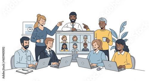 Modern remote collaboration: diverse team connected via video conference showcasing digital workplace interactions and team synergy