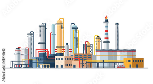 Vibrant industrial plant illustration showcasing complex structure, pipes and colorful tanks, with a flame atop one of the towers conveying