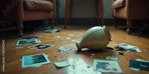 Shattered Remains A Domestic Violence Aftermath Scene - Broken Vase, Scattered Photos, Overturned Table